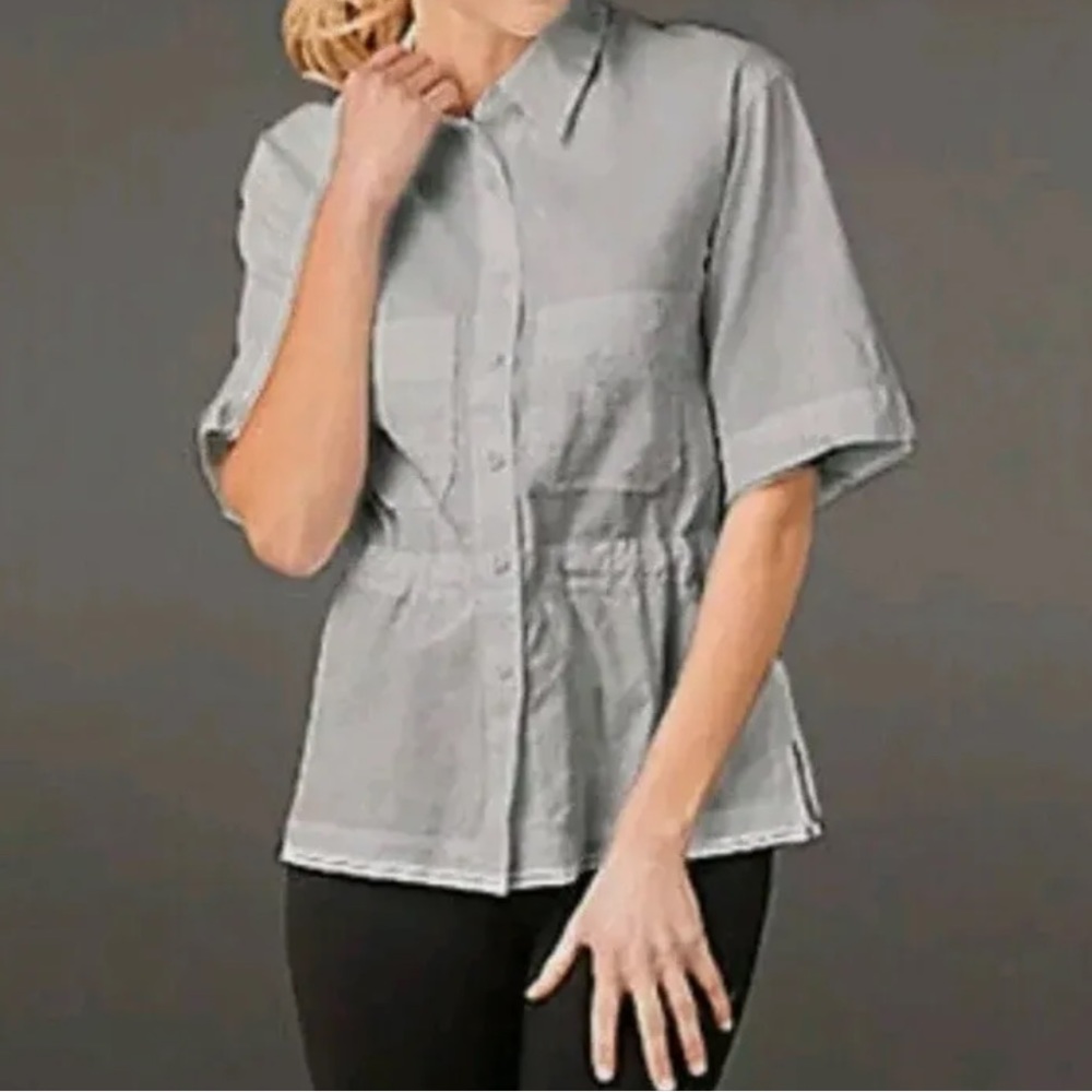 Eileen Fisher short sleeve linen and viscose button camp drawstring waist shirt